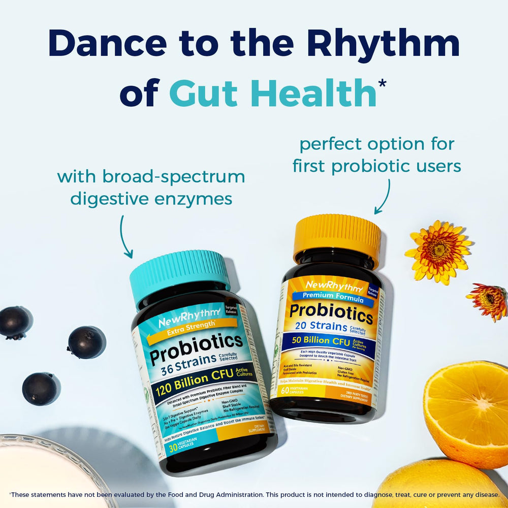 NewRhythm Probiotics, vegano y libre de gluten para dietas diversas.