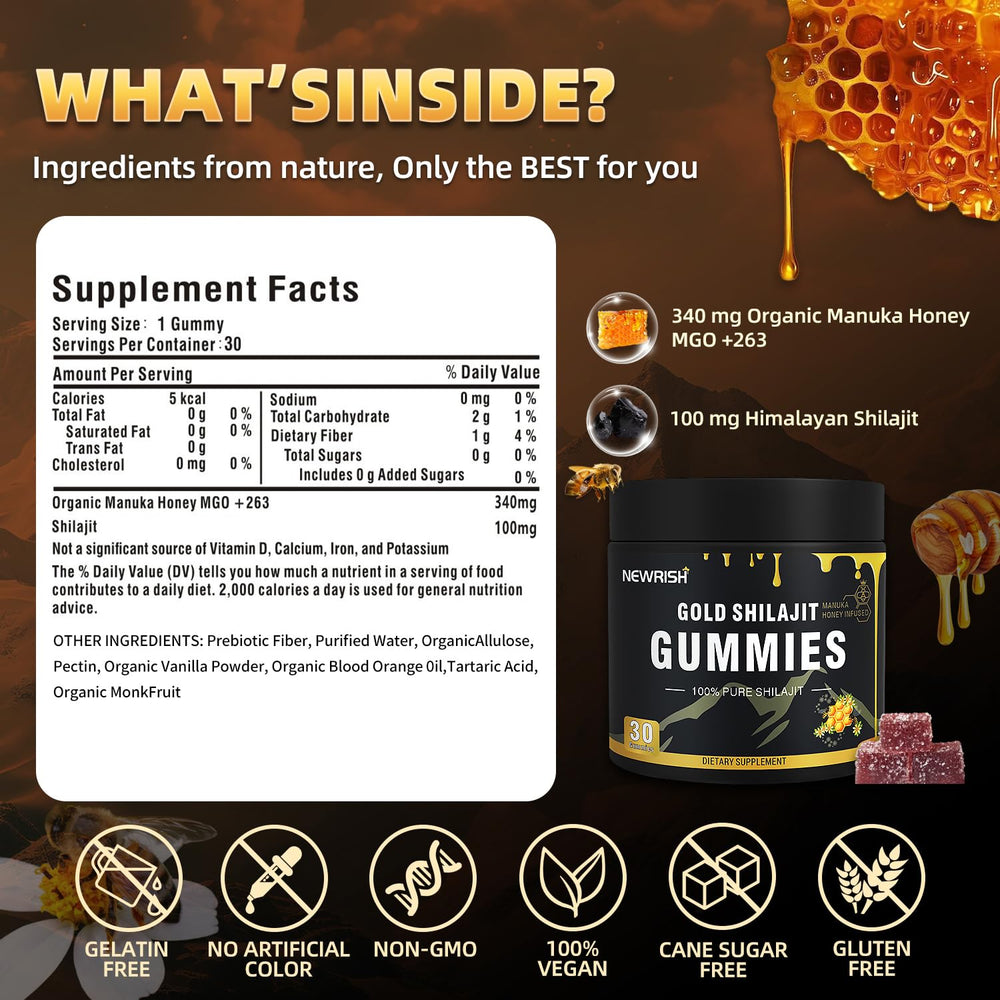 Newrish miel de Manuka y shilajit que ilustran sabor y origen natural