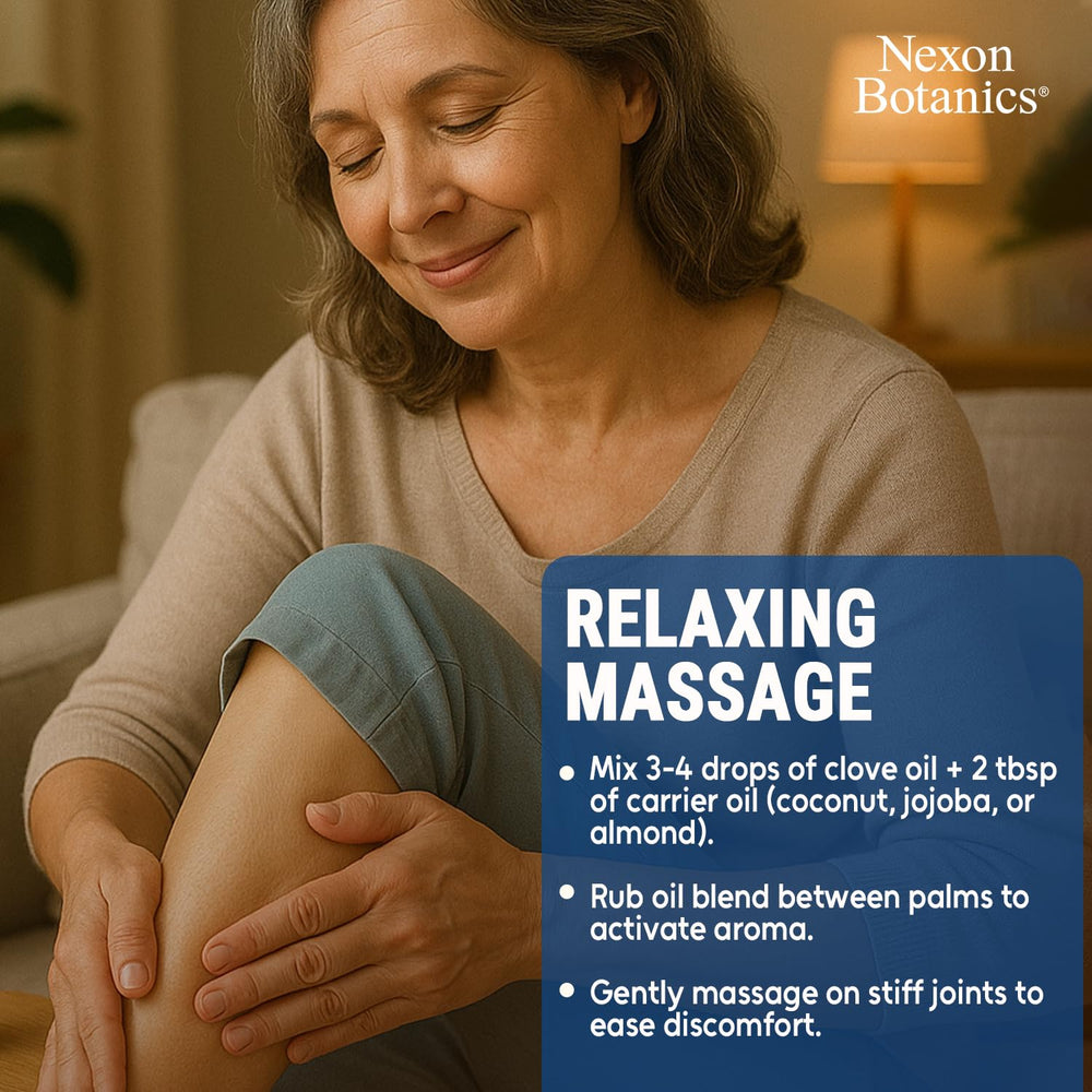 Mezcla de masaje con Nexon Botanics clavo sobre palma, comodidad corporal