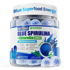 Nextdia frasco frontal de gomitas spirulina azul y chlorella para energía diaria