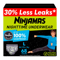 Ninjamas paquete frontal mostrando 68 unidades y talla L, protección nocturna
