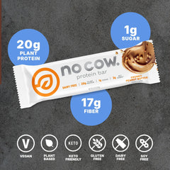 No Cow detalle textura de la barra con proteína visible, beneficio saciedad