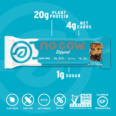 No Cow corte de barra destacando textura masticable y cacao real