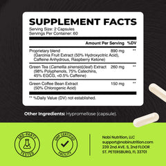 Nobi Nutrition botella junto a hojas de té verde para origen natural