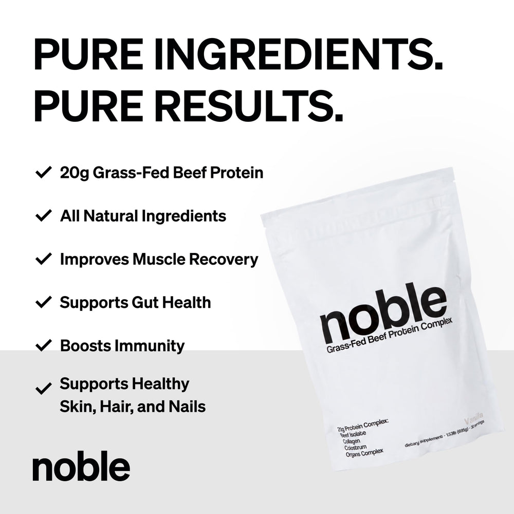 Noble Origins comparación de tamaño del envase junto a frutas, porciones claras