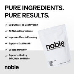 Noble Origins comparación de tamaño del envase junto a frutas, porciones claras
