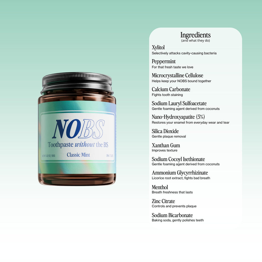 NOBS etiqueta de ingredientes legible que destaca formulación sin flúor