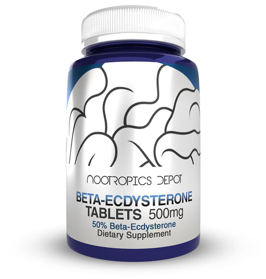 Nootropics Depot Beta Ecdysterone tablets bottle closeup showing standardized 50% extract