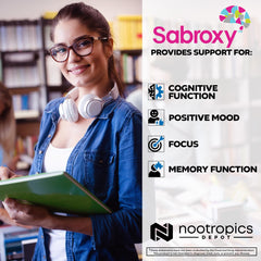 Nootropics Depot caja Sabroxy-100mg, visual de dosis diaria.