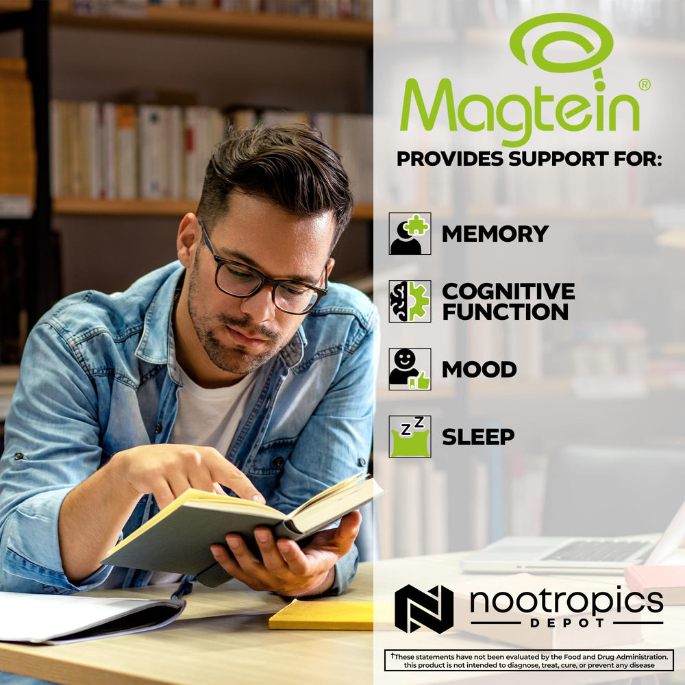Nootropics Depot Magtein primer plano de cápsulas mostrando color y textura natural