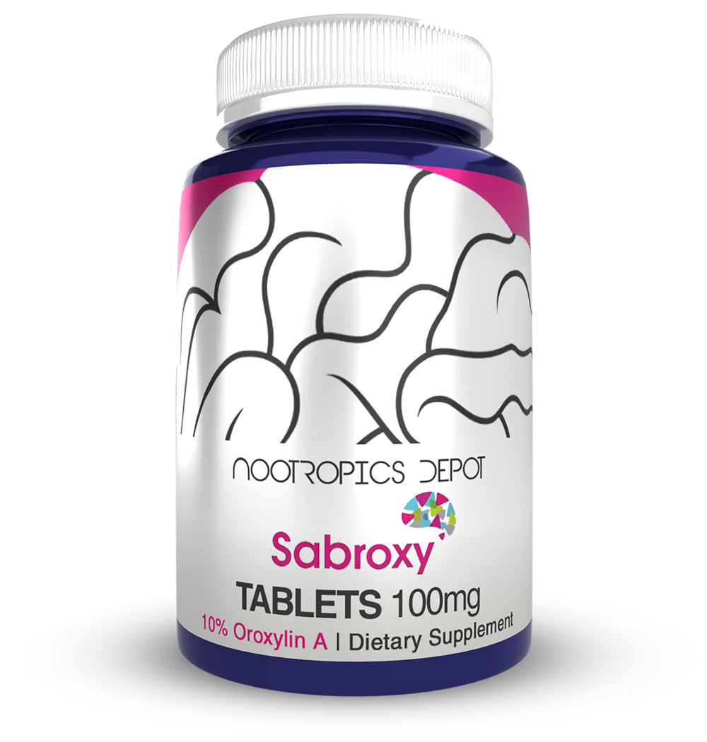 Nootropics Depot Sabroxy tabletas-100mg en envase, enfoque sostenido.