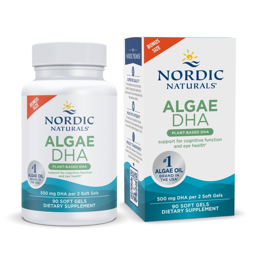 Nordic Naturals Algae DHA, botella con etiqueta que destaca pureza y origen vegetal.