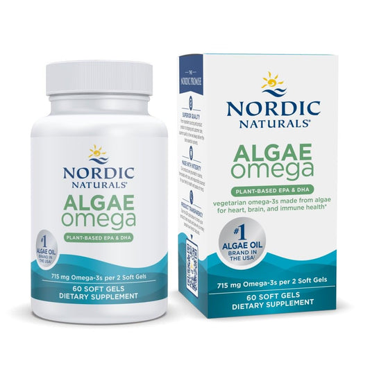 Nordic Naturals Algae Omega botella frontal, apoyo a la salud cardiovascular.