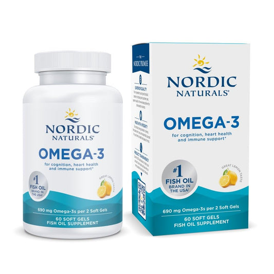 Nordic Naturals frasco delante mostrando la etiqueta y beneficios
