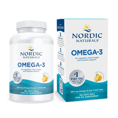Nordic Naturals frontal del envase mostrando 180 cápsulas y beneficio de pureza