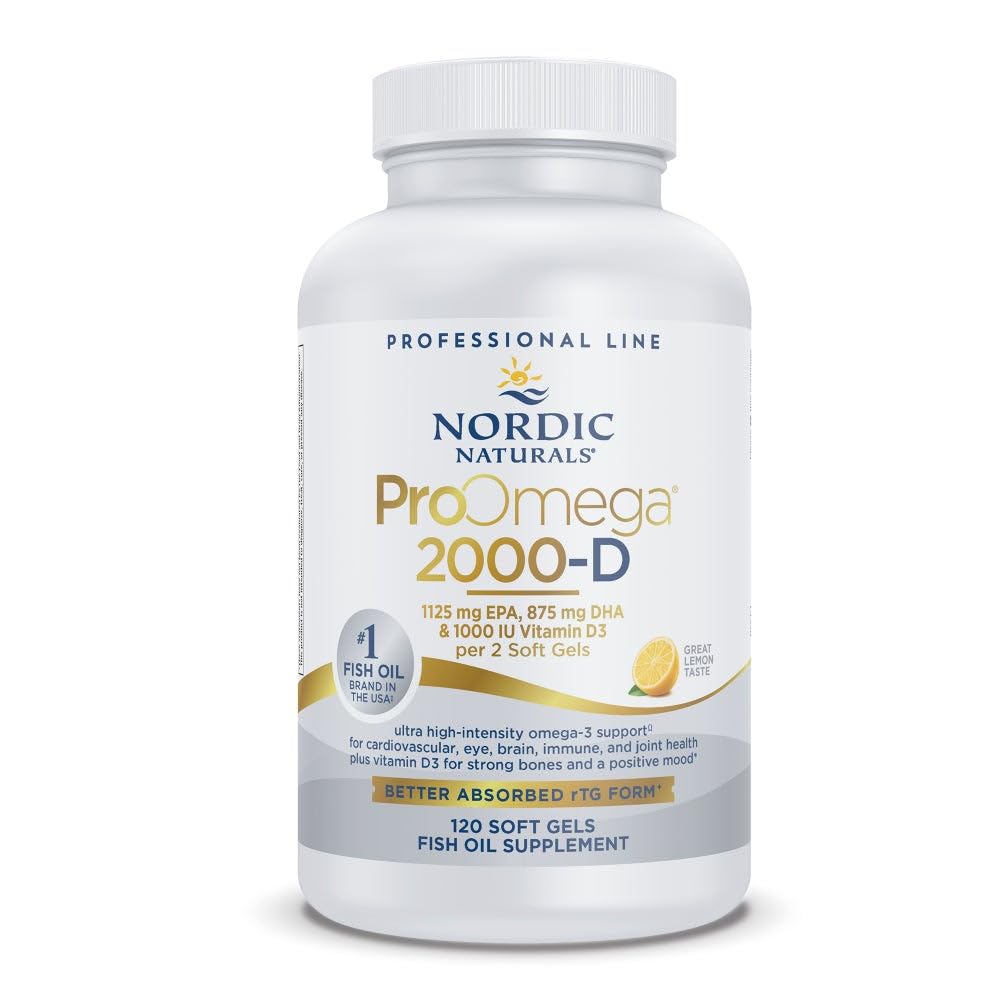 Nordic Naturals frasco frontal mostrando cápsulas y beneficio de omega‑3 concentrado