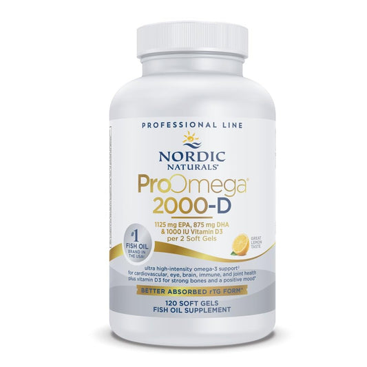 Nordic Naturals frasco frontal mostrando cápsulas y beneficio de omega‑3 concentrado