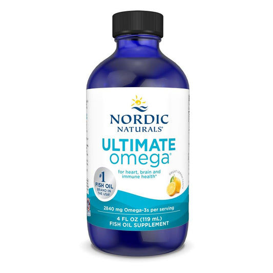 Nordic Naturals botella frontal mostrando etiqueta y tamaño 4oz con beneficio de concentración alta