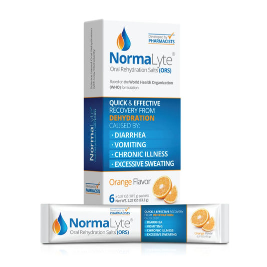 NormaLyte naranja: empaque de 6 sobres para hidratación rápida.
