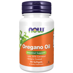 NOW Foods envase frontal del aceite de orégano mostrando el sello de carvacrol y beneficio de calidad
