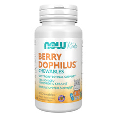 NOW Foods frasco frontal de BerryDophilus con 60 masticables y etiqueta clara, confianza en calidad