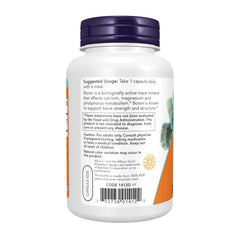 Etiqueta nutricional de NOW Boron mostrando forma Bororganic Glycine y beneficios