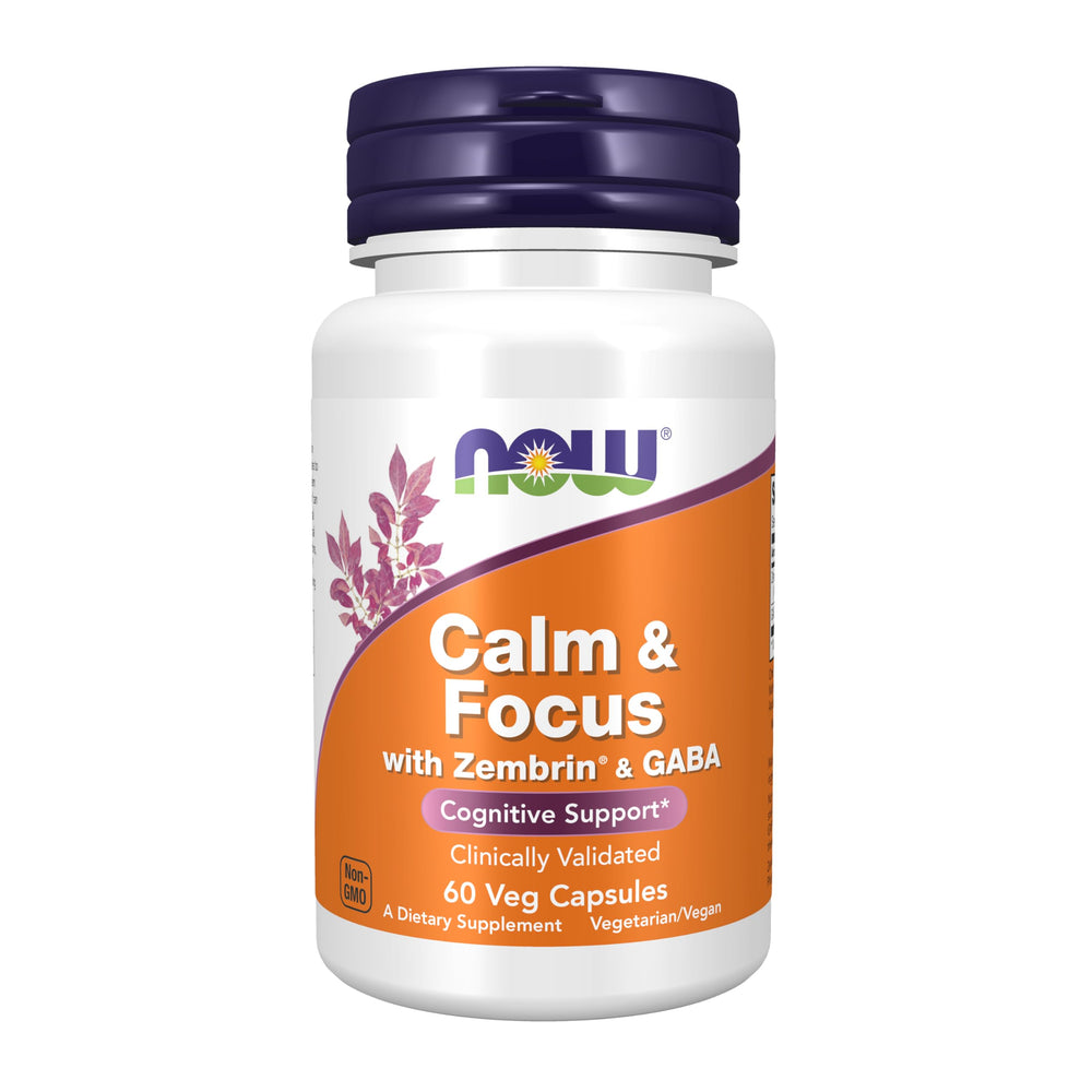 NOW Foods frasco frontal del suplemento Calm & Focus mostrando etiqueta y tamaño