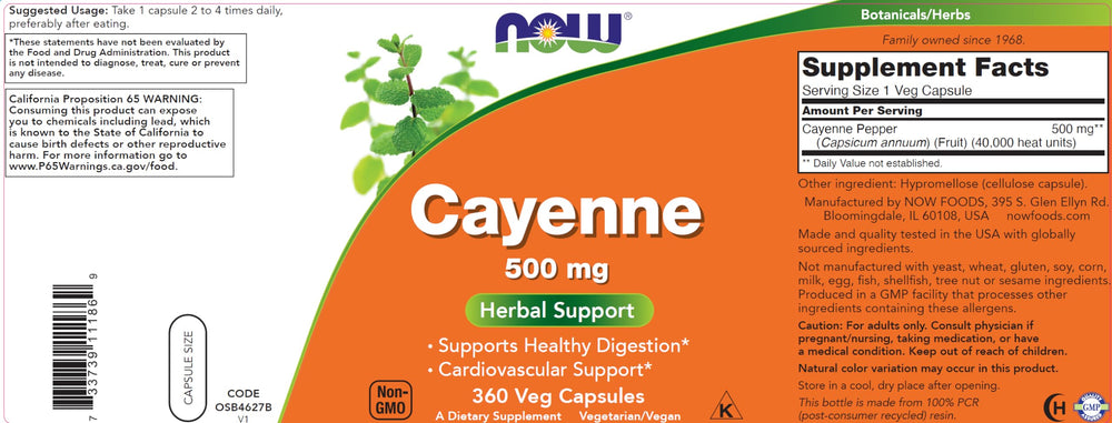 Frasco de NOW Cayenne sostenido en mano mostrando tamaño y facilidad de uso