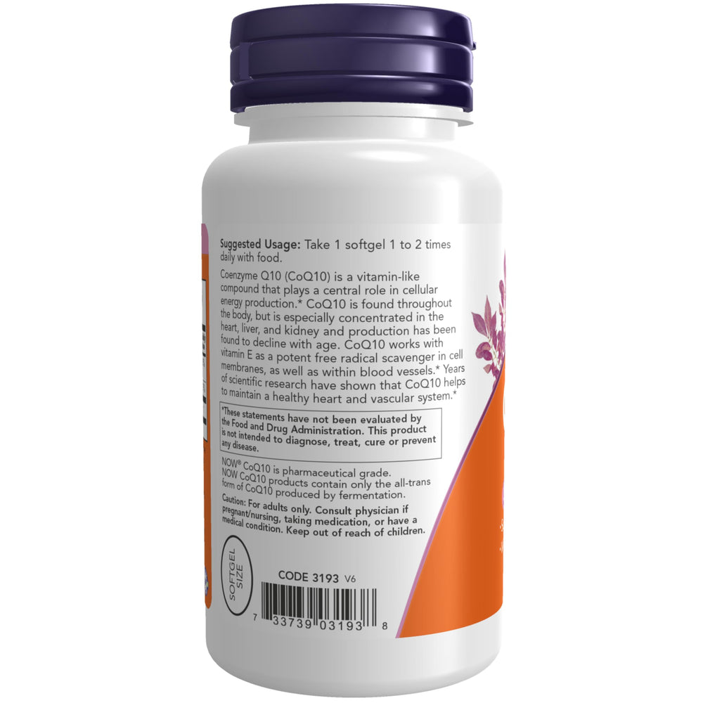 Botella abierta de NOW CoQ10 con softgels visibles para cantidad y formato