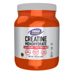 NOW Foods envase frontal de creatina monohidrato mostrando pureza y tamaño