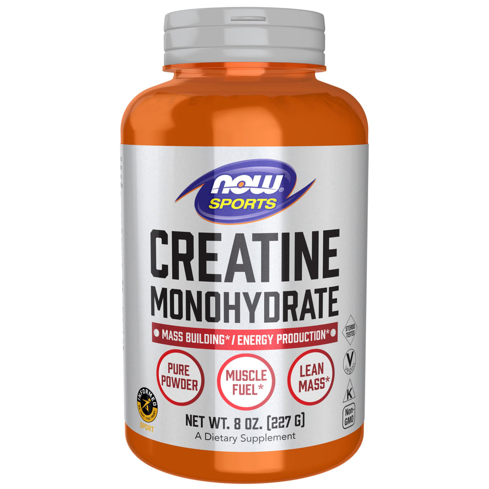 NOW Foods envase frontal de creatina monohidrato, presentación 8 oz, calidad pura
