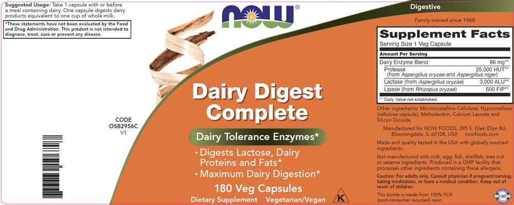 NOW Dairy Digest bote en mano para mostrar tamaño y cantidad de cápsulas