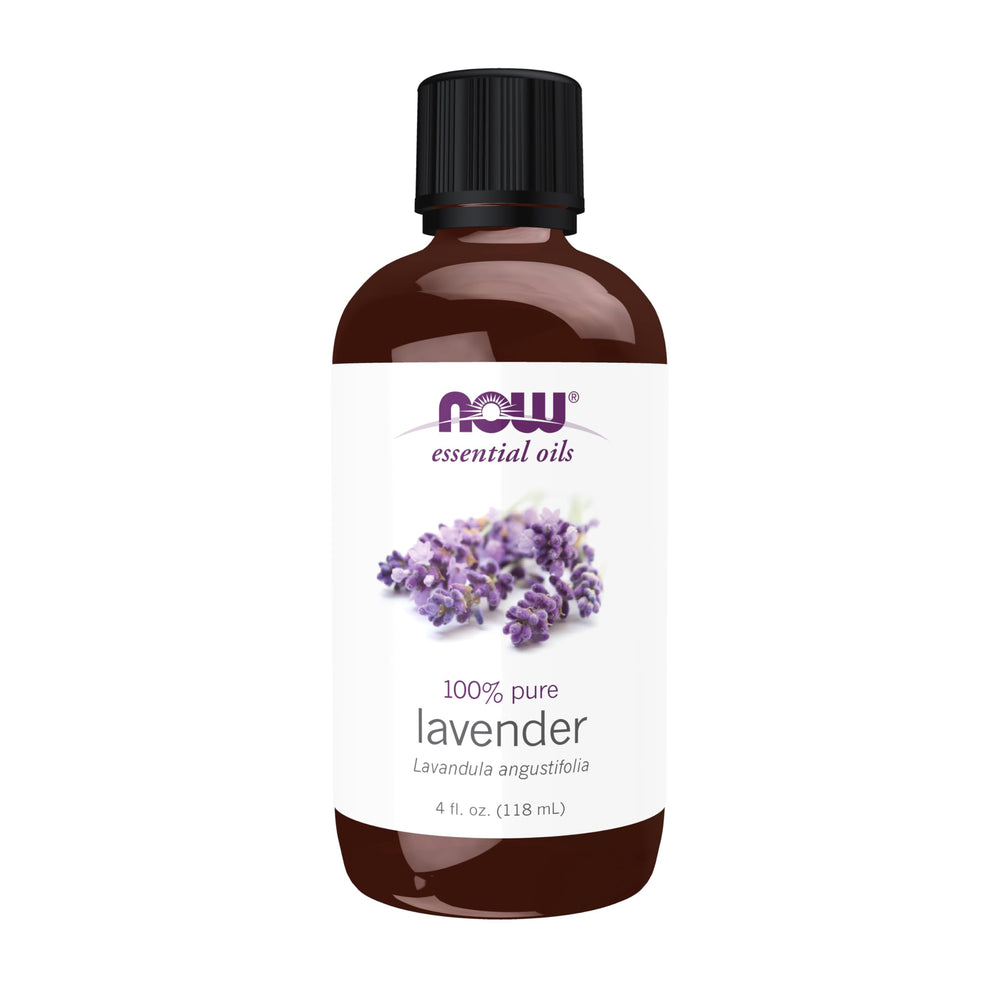 NOW Foods botella frontal de aceite de lavanda mostrando el envase y volumen