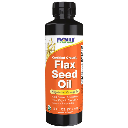 NOW Foods botella frontal del aceite de semilla de lino orgánico mostrando el envase y volumen