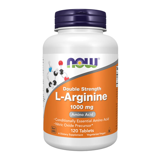 NOW Foods L-Arginine 1000 mg tablets front view highlighting daily supplement use