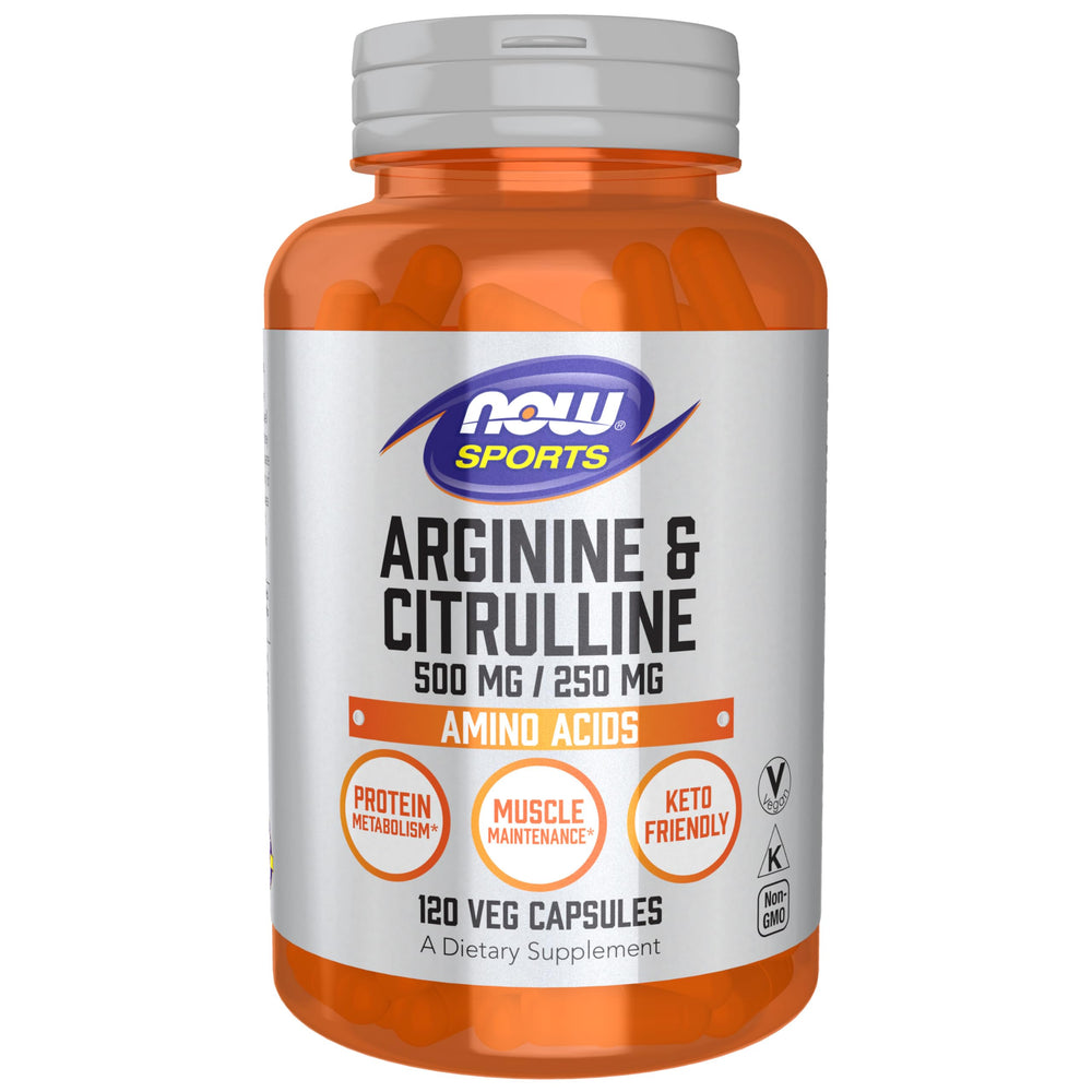 NOW Foods Arginine & Citrulline bottle for athletic support.