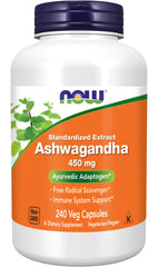 Frasco NOW Foods Ashwagandha 450 mg mostrando la etiqueta clara y beneficios