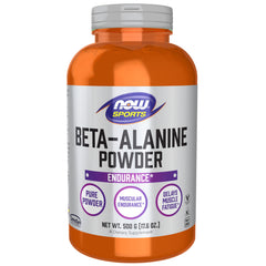 NOW Foods envase frontal mostrando beta-alanina y beneficios de resistencia