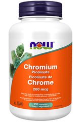 NOW Foods envase frontal de Chromium Picolinate 200 mcg con 250 cápsulas, presentación clara y protección