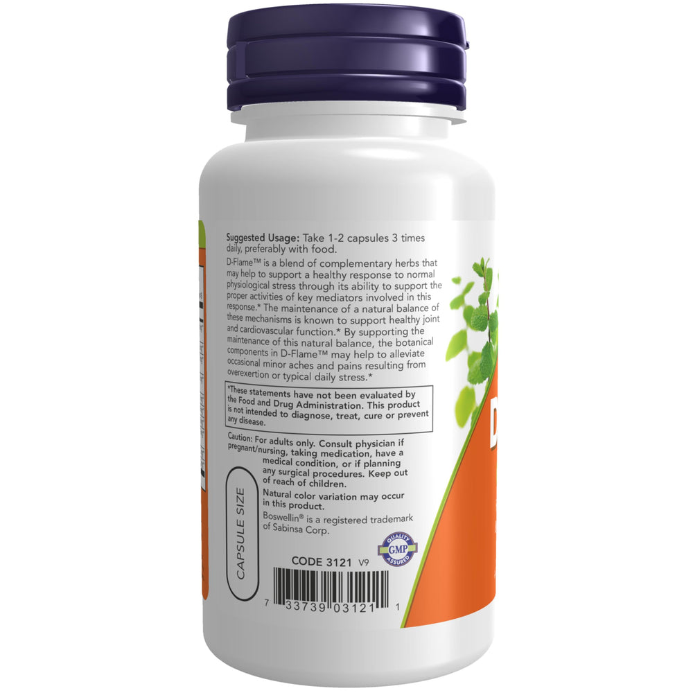 Detalle de la etiqueta NOW Foods D‑Flame resaltando ingredientes y calidad