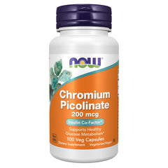 NOW Foods frasco frontal de Chromium Picolinate mostrando el envase y su conveniencia