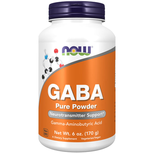 NOW Foods GABA powder bottle closeup, showing label for easy identification.