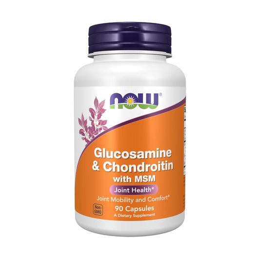 NOW Foods glucosamine chondroitin MSM bottle-front for joint health support.