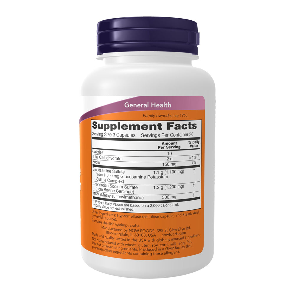 NOW Foods glucosamine chondroitin MSM capsules-closeup shows easy-to-swallow capsules.