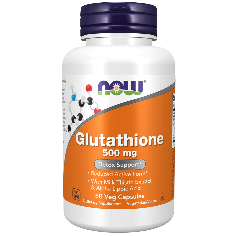 NOW Foods frasco frontal del suplemento glutathione 500 mg, envase claro y etiquetado visible