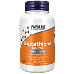 NOW Foods frasco frontal del suplemento glutathione 500 mg, envase claro y etiquetado visible