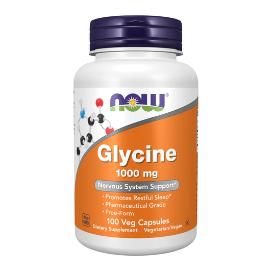 NOW Foods Glycine 1000mg capsules bottle supports calming neurotransmission for restful nights.