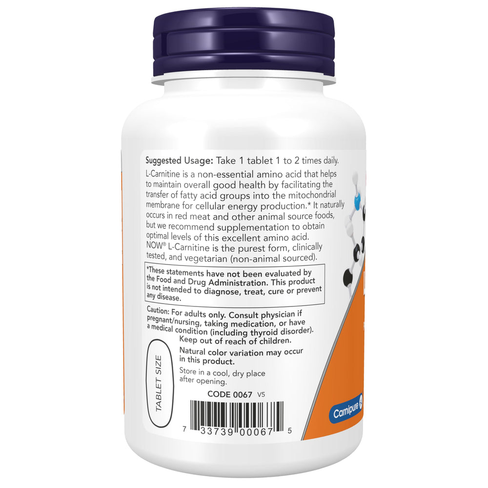 NOW Foods tableta de L-Carnitina en la mano para tamaño y comodidad