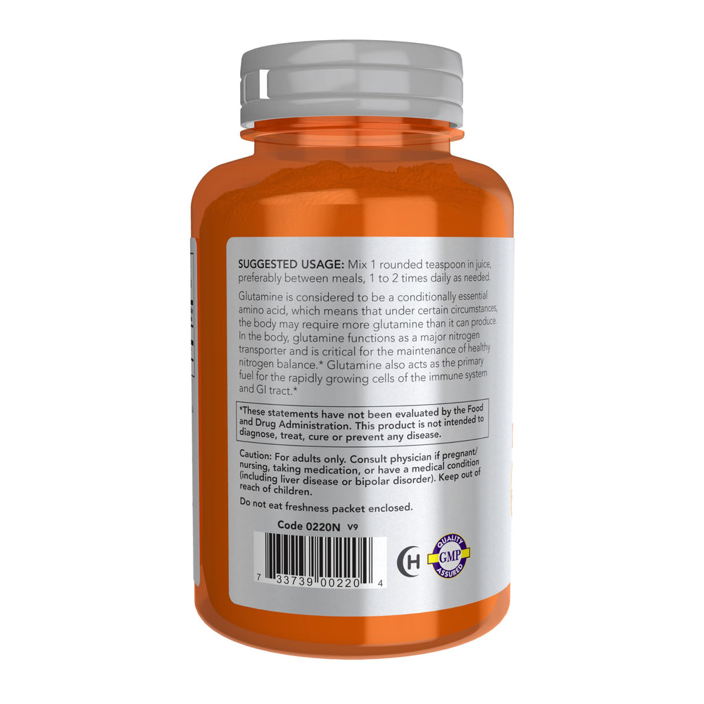 Polvo fino de L-Glutamine NOW Foods vista de textura para mezcla rápida