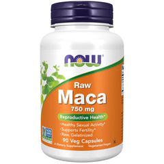 NOW Foods envase frontal mostrando maca gelatinizada y beneficio de apoyo reproductivo